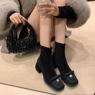 WLi手工鞋 英伦风粗跟拼色方头短靴女蝴蝶结显瘦套筒弹力靴 履法式