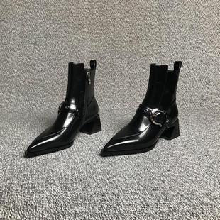 露涵思 单靴真皮皮带扣粗跟切尔西靴 尖头高跟短靴女2025早秋新款