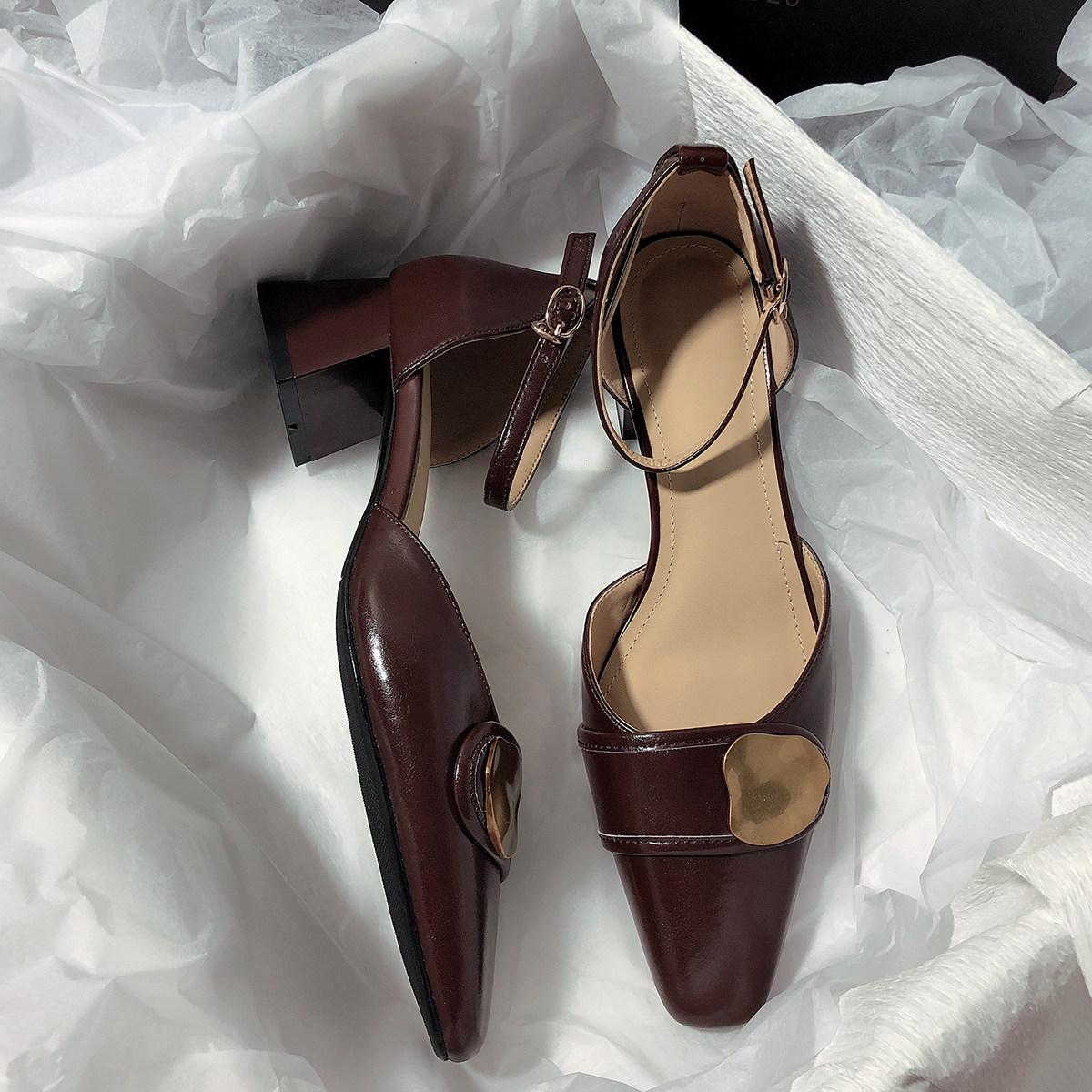 森屿海巷 夏季新款真皮文艺复古平底小方头韩版百搭气质包头凉鞋