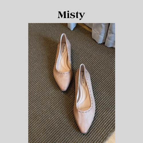 Misty雾屿女鞋2025新款琥珀流光尖头真皮通勤编织低跟浅口单鞋女