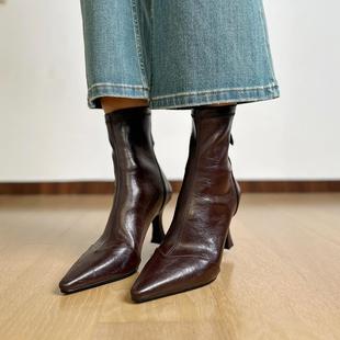 尖头弹力瘦瘦靴女细跟高跟短靴气质单靴子 法式 Find First配大衣