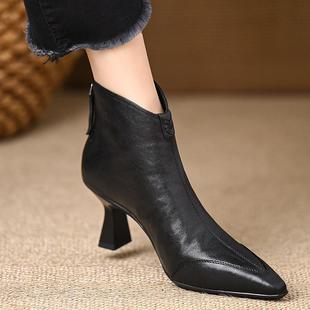 樱蔓堇 单靴细跟高跟短筒靴踝靴 7厘米头层羊皮复古尖头短靴女秋季