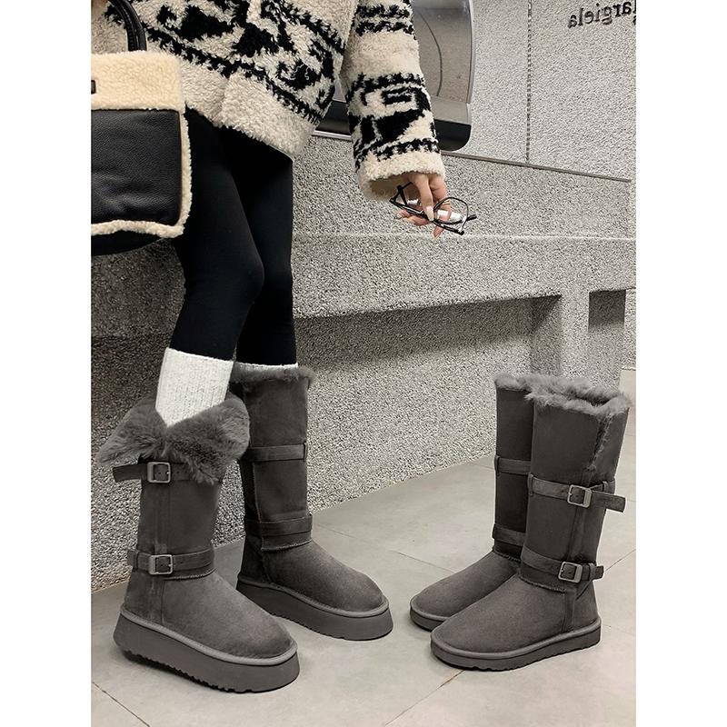 秋美儿厚底增高长筒时尚雪地靴女加绒加厚灰色高筒潮冬季东北棉鞋
