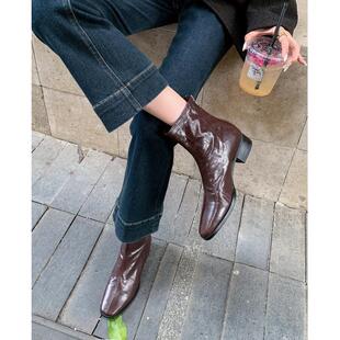 法式方头平底短靴女新款羊皮低跟瘦瘦靴棕咖色韩系及踝靴小跟靴子