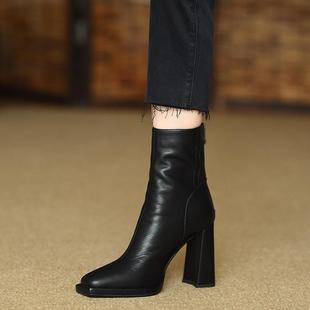 高跟鞋 新款 黑色女靴子 9.8cm方头平底粗跟短靴女2024秋冬季 misili