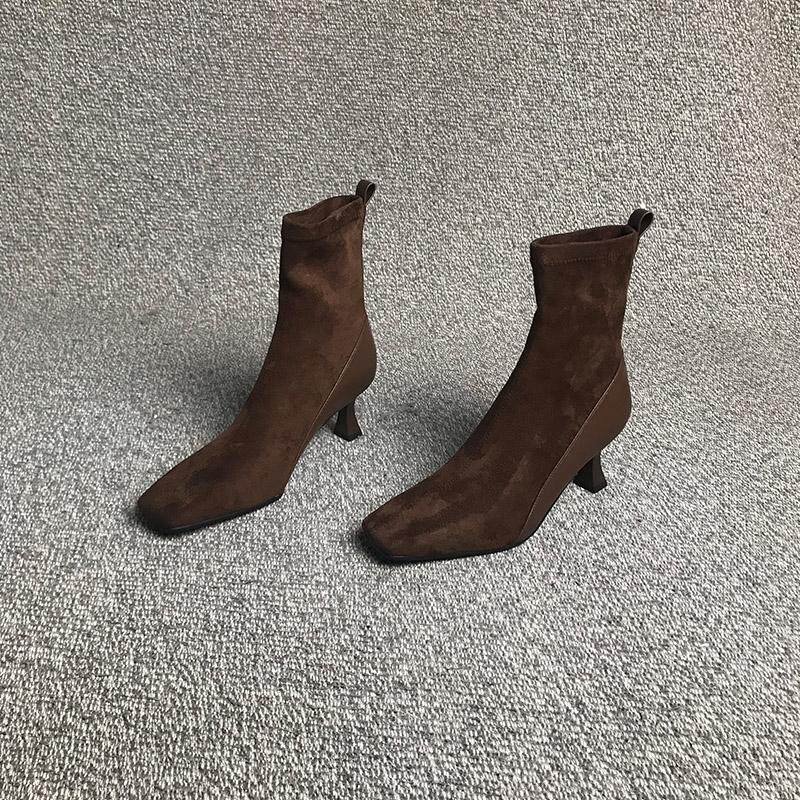 露涵思短靴女秋冬新款性感方头高跟拼接弹力瘦瘦素人穿搭短筒靴子