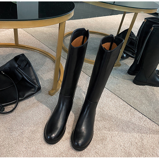 棕色真皮尖头长筒靴女羊毛皮毛一体大棉高筒靴粗高跟V口骑士靴41