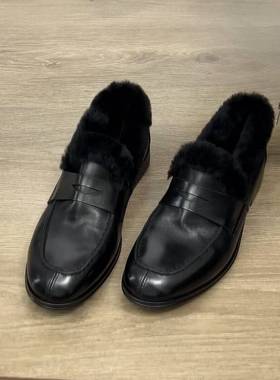 Dannyfrey秋冬文艺风圆头一脚蹬乐福鞋女加绒保暖百搭毛毛小皮鞋