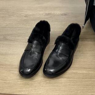 Dannyfrey秋冬文艺风圆头一脚蹬乐福鞋女加绒保暖百搭毛毛小皮鞋