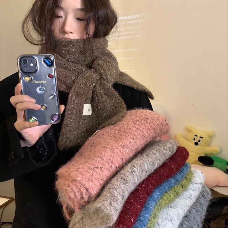 含羊毛围巾女冬季高级感百搭韩版学生可爱蓝色毛线围脖护颈保暖潮