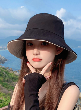 夏季防晒双面戴帽子渔夫帽女黑色春秋季2026新款遮阳帽百搭太阳帽