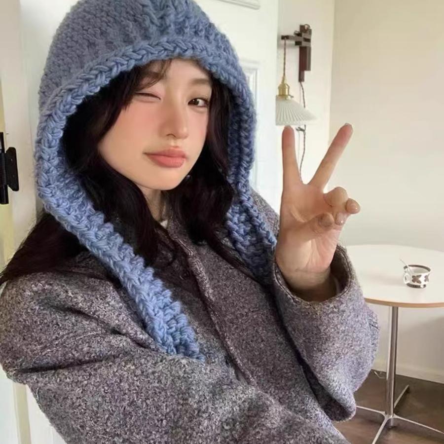 蓝色针织巴拉克拉法帽女大头围