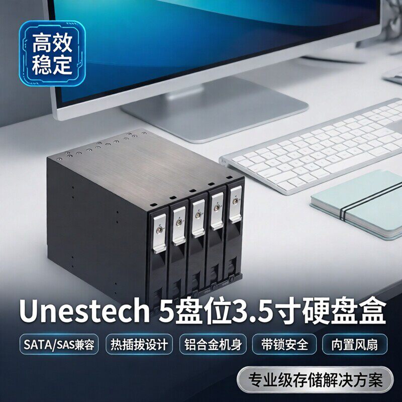 Unestech 5盘位3.5寸SATA/SAS硬盘盒光驱位 热插拔铝合金带锁风扇