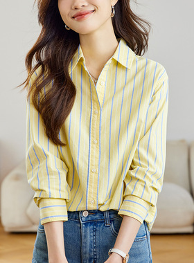 撞色条纹衬衫女2026春秋装新款休闲宽松上衣韩版时尚衬衣上衣
