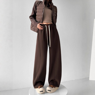 加绒软糯保暖运动裤冬季休闲抽绳松紧腰宽松拼接直筒中线卫裤女