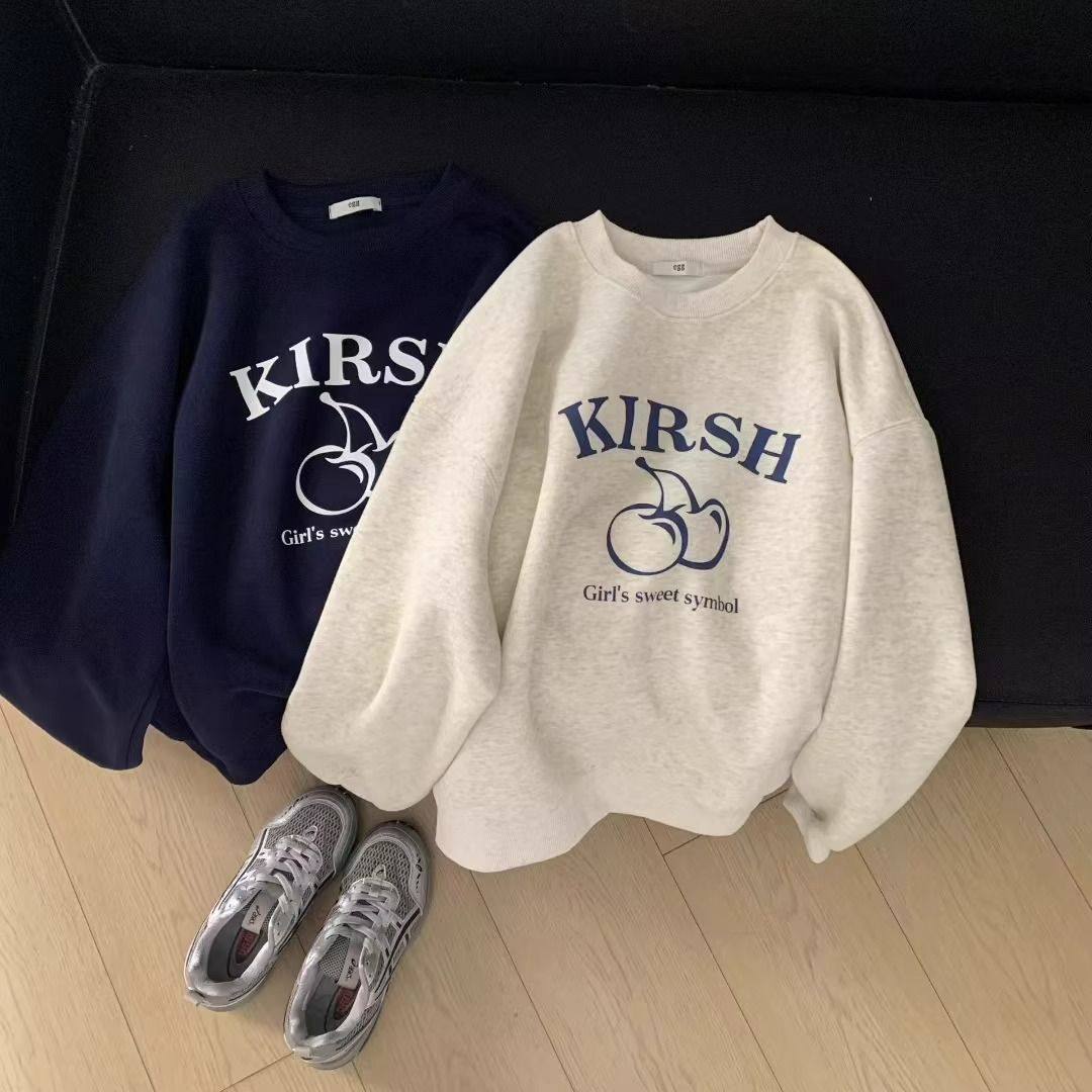 韩版卡通樱桃印花圆领套头卫衣女秋新款休闲百搭宽松减龄上衣
