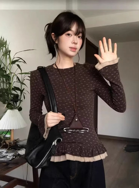 设计感双层花边碎花圆领长袖T恤女春秋季碎花喇叭袖修身显瘦上衣