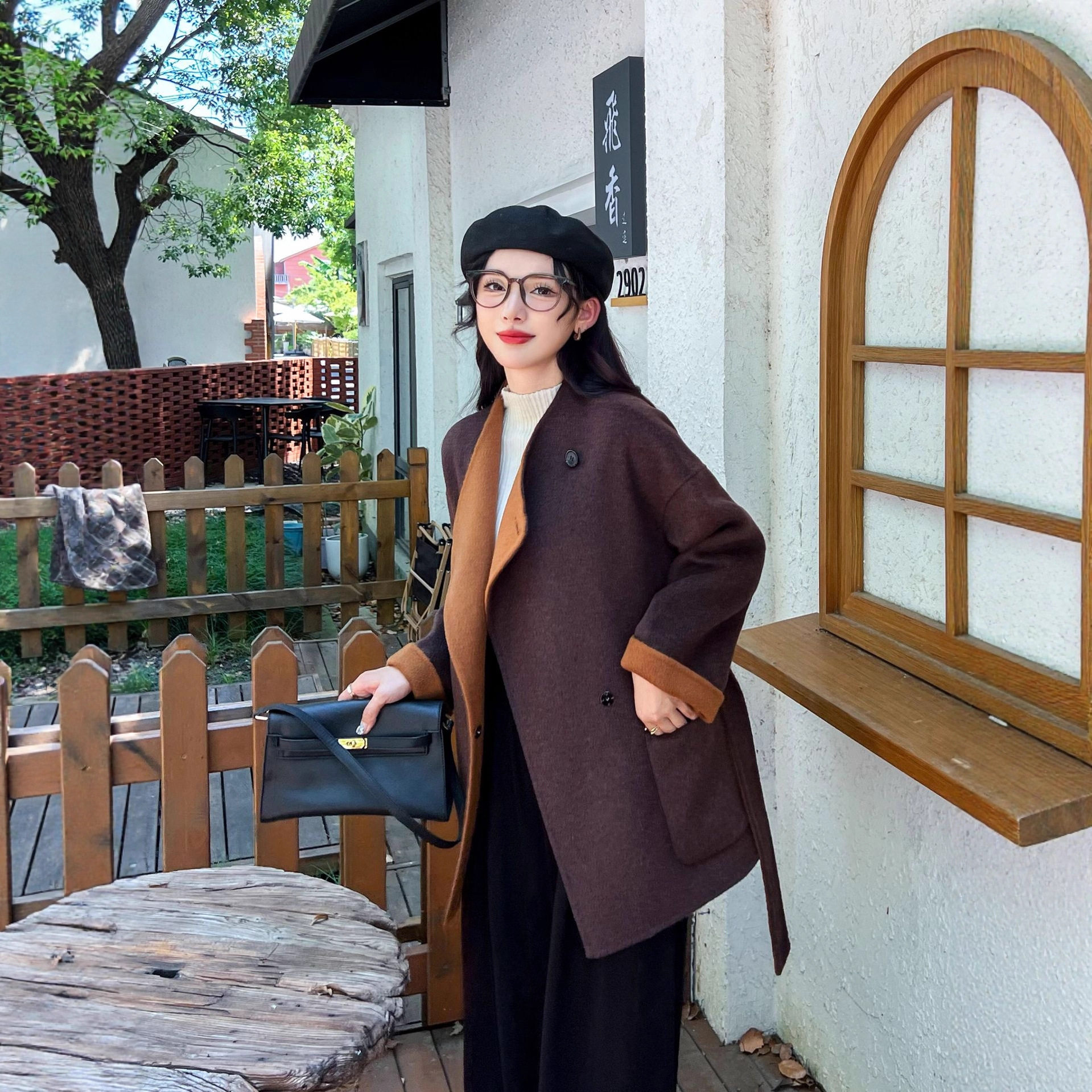 新美拉德秋冬双面羊绒大衣中长款韩版高档浴袍毛呢外套宽松女严选