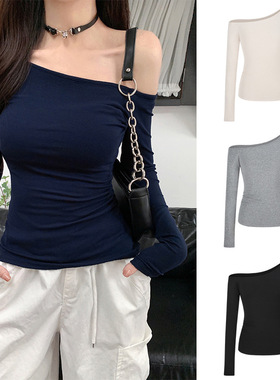 设计感斜领露肩长袖T恤女2026春秋新款修身褶皱收腰女装上衣夏