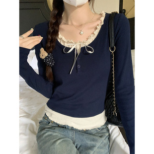 上衣秋 t恤女设计感蝴蝶结bm短款 法式 芭蕾风木耳边拼接假两件长袖