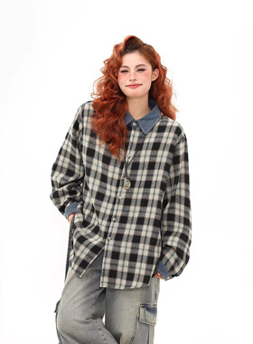 美式复古假两件格子长袖衬衫女春秋季2026新款学院风格纹衬衣外套