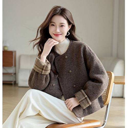 咖色高端内胆加厚毛绒服女冬季加厚保暖气质宽松双排扣显瘦短外套