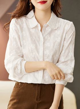 绣花白衬衫女长袖2026春装宽松显瘦纯棉刺绣上衣蕾丝花边翻领衬衣