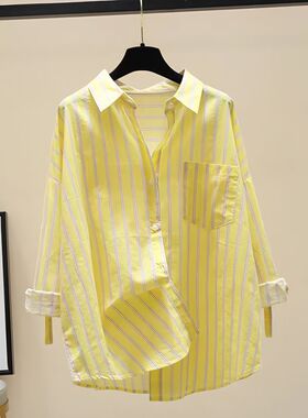 胖MM大码宽松长袖条纹衬衫上衣女装春秋新款减龄韩版外套薄款衬衣