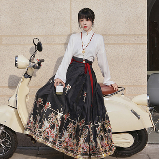 汉尚华莲灵栖丹山黑色织金马面裙秋冬款 订婚裙日常可穿敬酒服女