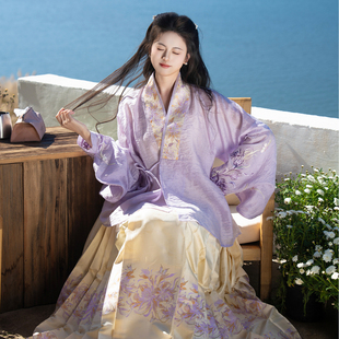 汉尚华莲明制织金马面裙[紫昙]交领琵琶袖对穿交汉服套装春夏女