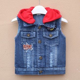 春秋新款儿童牛仔马甲男童坎肩女童背心宝宝带帽马夹童装卡通百搭