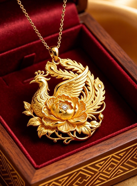 金凤凰牡丹吊坠项链古风纯手工