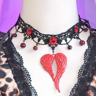 暗黑系Lolita红色爱心翅膀吊坠蕾丝哥特风复古choker亚文化锁骨链
