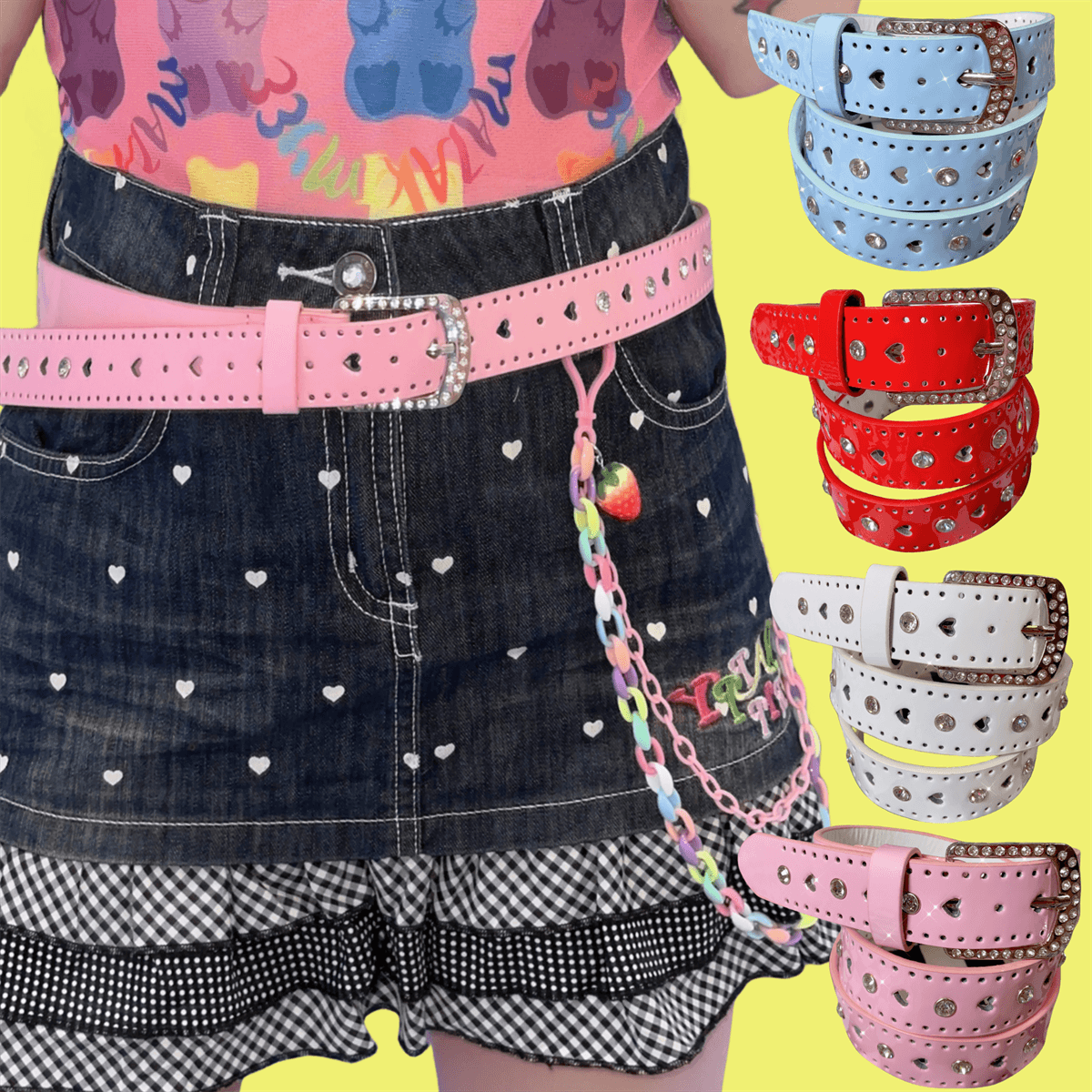 Y2K辣妹爱心水钻金属腰带