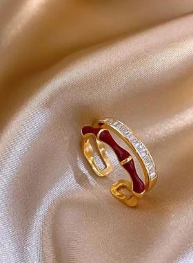 双层锆石红色竹节开口戒指女可调节偏财尾戒复古夸张中古指环秋冬