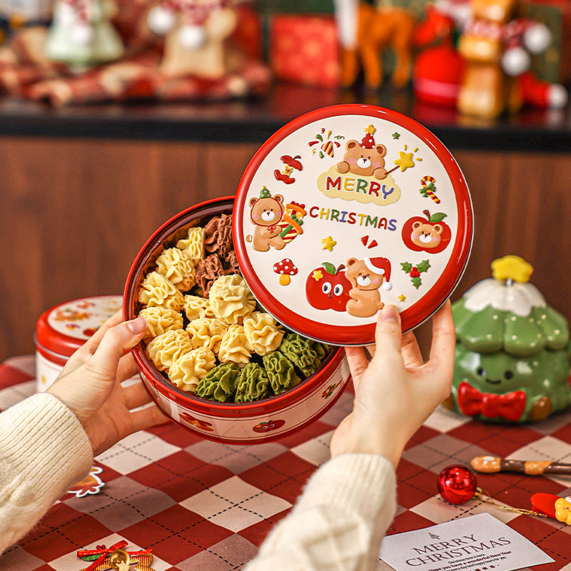 饼干盒子圣诞苹果小熊可爱卡通圆形浮雕铁罐雪花酥糖果曲奇甜品外