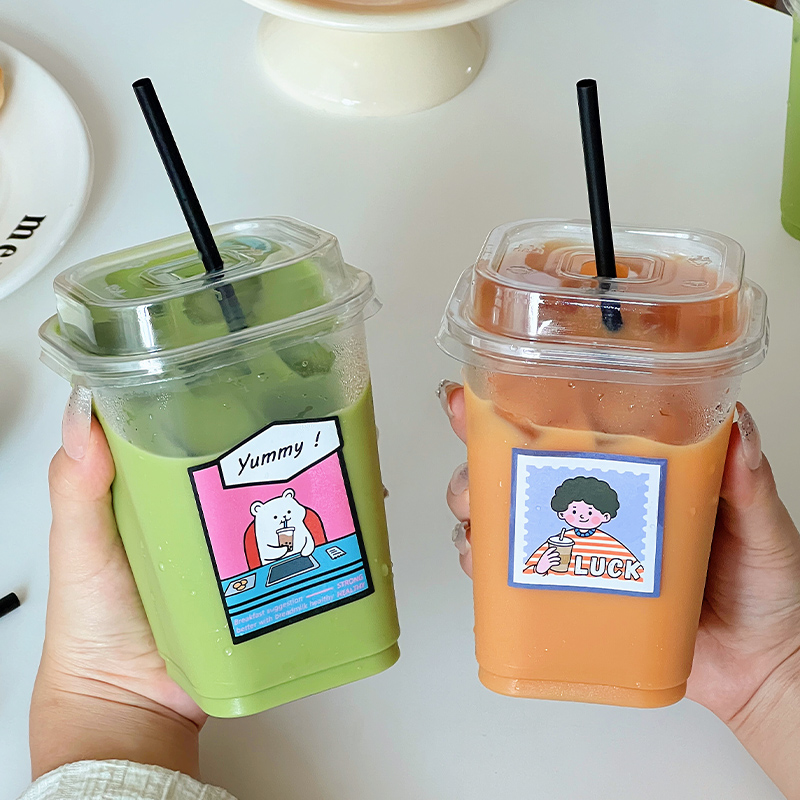 美涤一次性奶茶杯子外带塑料带盖