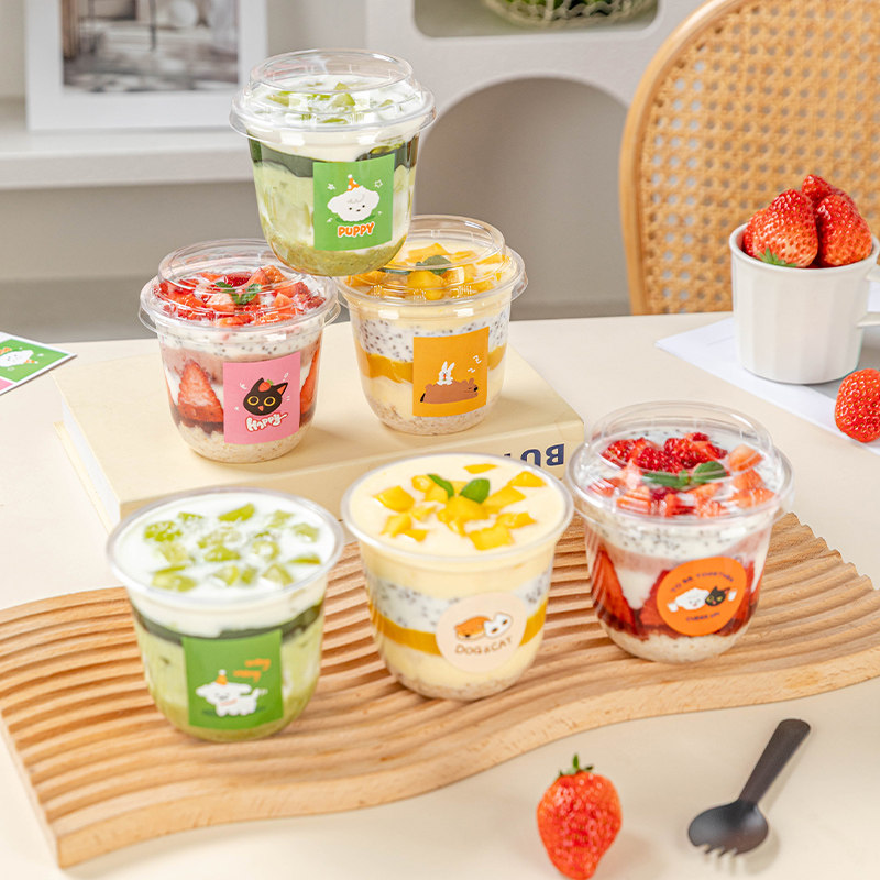 一次性酸奶杯子包装盒食品级透明便携塑料甜品布丁带勺盖家商专用