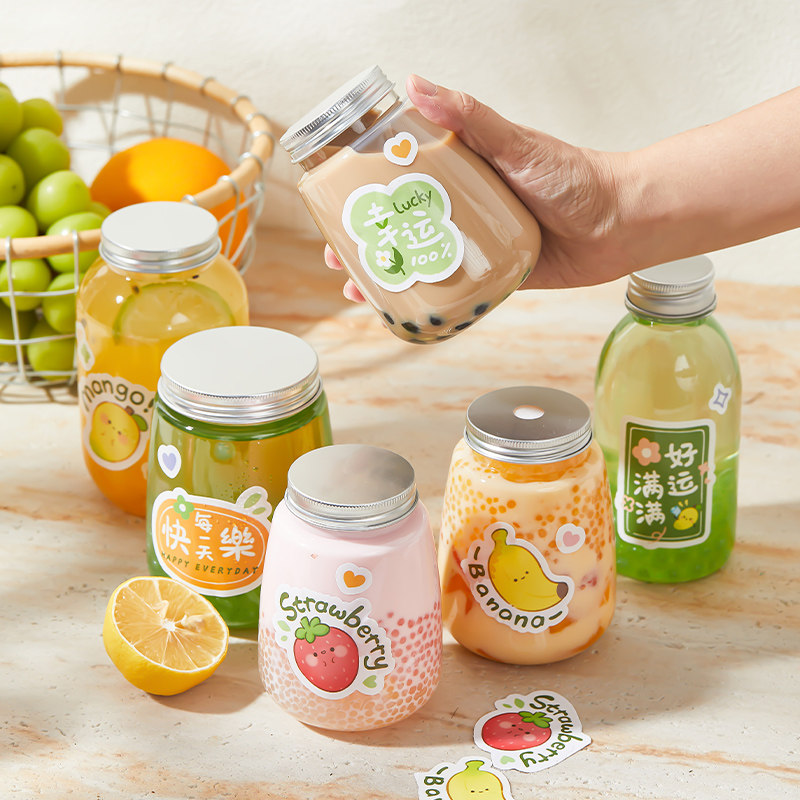 奶茶瓶塑料瓶食品级网红透明胖胖瓶密封罐pet打包外带500ml小空瓶