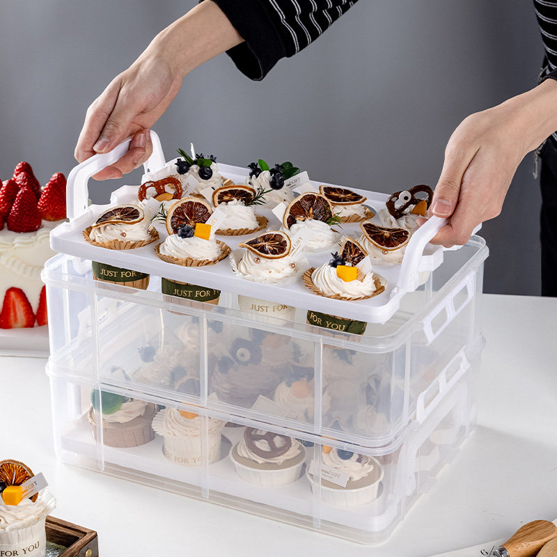 纸杯蛋糕手提打包盒甜品台马芬杯包装两层三透明点心移动收纳多