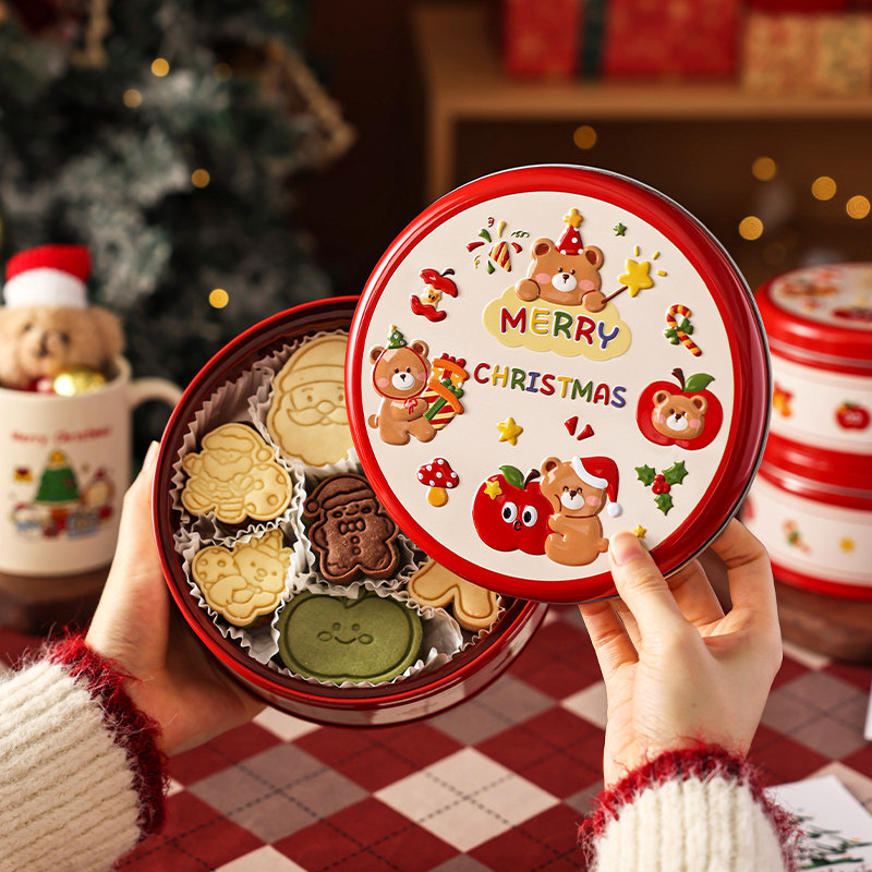 饼干盒子圣诞苹果小熊可爱卡通的圆形浮雕铁罐外包装曲奇烘焙点心