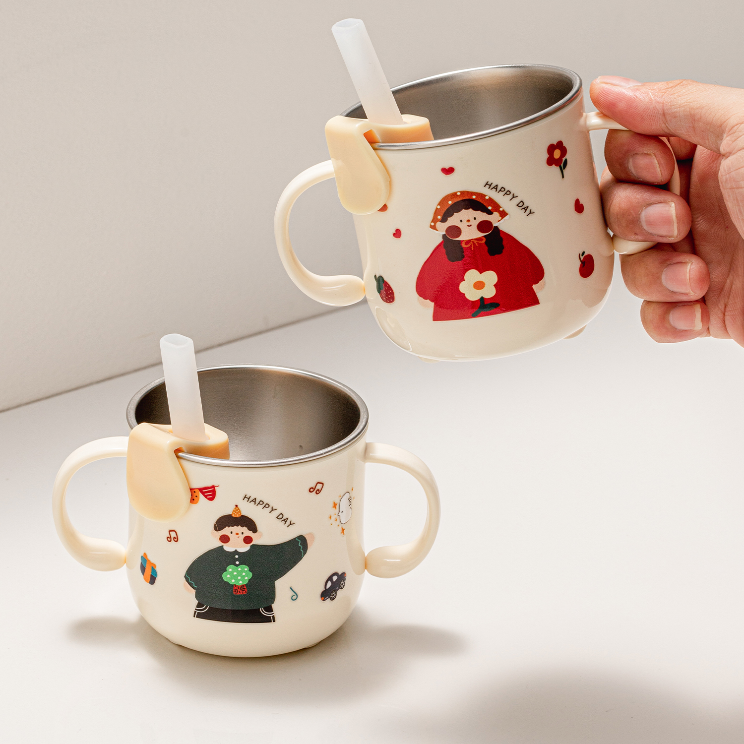 双耳儿童水杯316L不锈钢宝宝杯子1到3岁敞口学饮吸管杯防摔牛奶杯