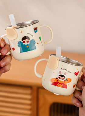 双耳儿童水杯316不锈钢宝宝杯子1到3岁敞口学饮吸管杯防摔牛奶杯