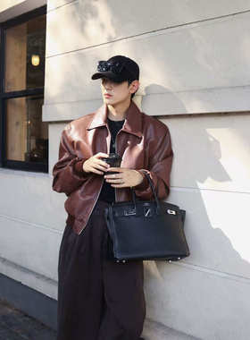 TYD光洙穿搭 美拉德棕色PU皮美式翻领潮牌痞帅皮衣夹克外套0441