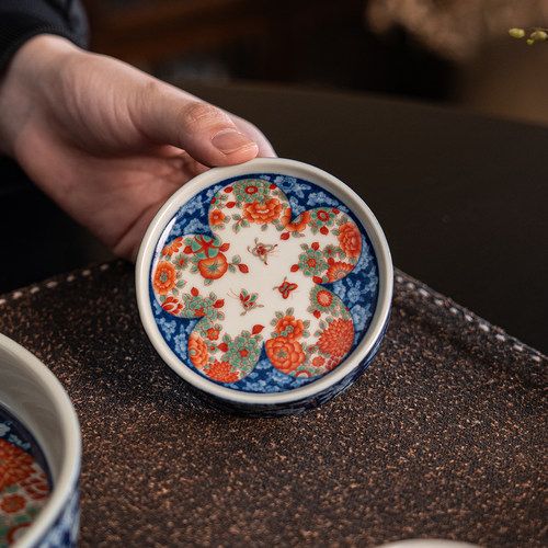 青花粉彩蝶舞陶瓷圆形盖置杯垫装饰垫精致中国风新中式茶具配件