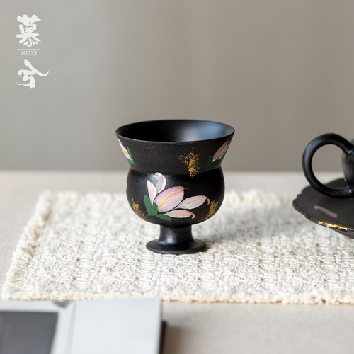 黑陶百合圆肚杯陶瓷手绘喝茶杯精致高脚主人杯传统品茗杯功夫茶具