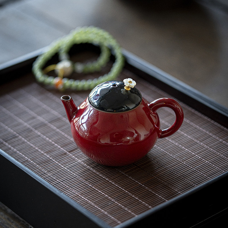 赭梦红朱茶壶初放泡茶壶家用日式茶壶红色陶瓷茶具喝茶壶