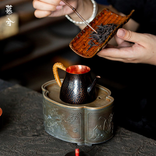 大漆藤席竹岫铜茶则手工茶则茶荷质朴自然肌理中式茶道取茶雅器