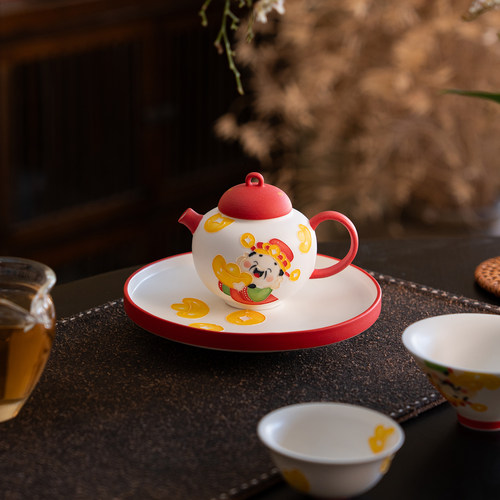 白瓷鸿运财神手绘陶瓷圆肚茶壶吉祥寓意家用喜庆节庆泡茶壶