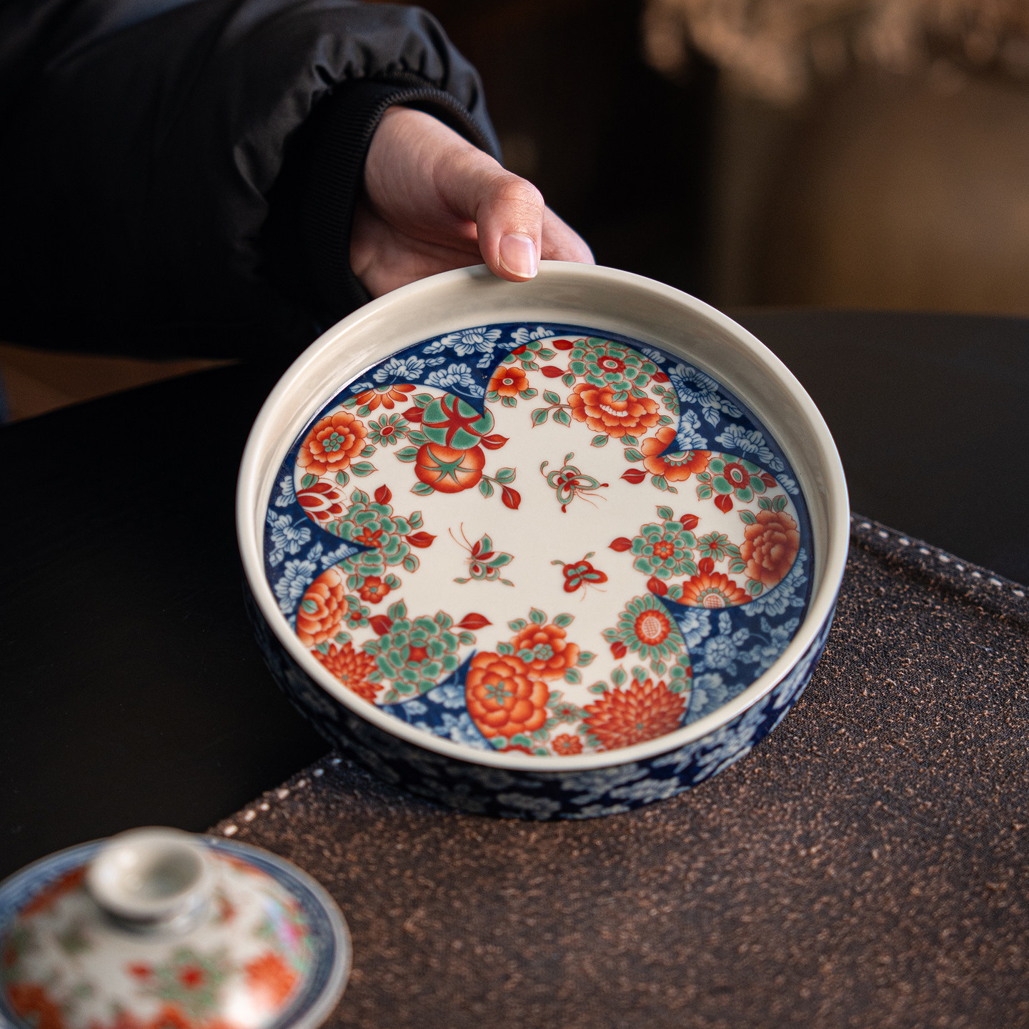 青花粉彩蝶舞陶瓷圆形壶承茶盘茶托精致高雅中国风新中式功夫茶具